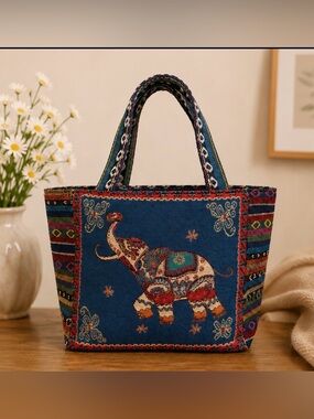 Blue Embroidered Elephant Tote Bag